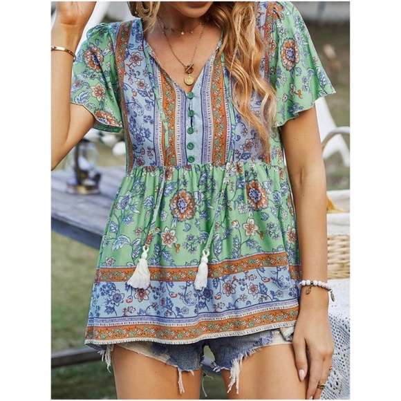 Boho Floral Print Cottagecore Tie Neck Blouse - Picture 7 of 8